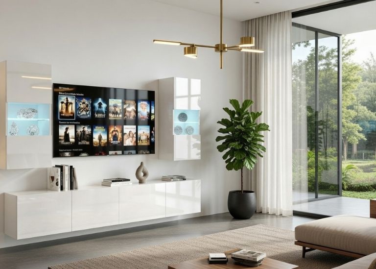 Meblościanka 200 cm TV/RTV biała połysk Producent IMP 7/5/W/W/0/0
