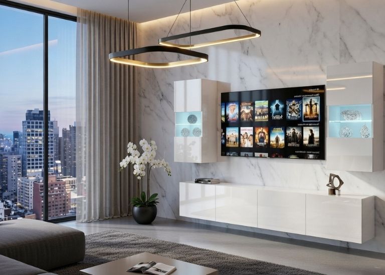 Meblościanka 200 cm TV/RTV biała połysk Producent IMP 7/5/W/W/0/0