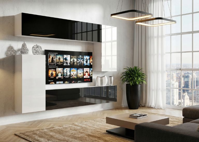 Meblościanka 250 cm TV/RTV biała połysk czarna połysk Producent IMP 8/5/W/BWWB/0/0