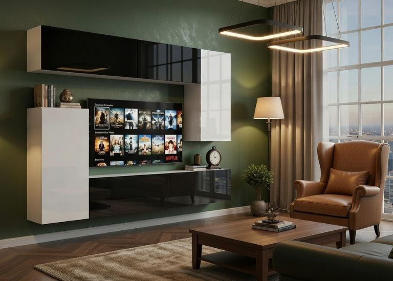 Meblościanka 250 cm TV/RTV biała połysk czarna połysk Producent IMP 8/5/W/BWWB/0/0