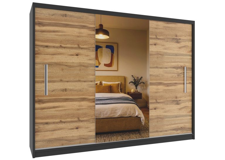Szafa przesuwna 232 cm z lustrem dębowa dąb wotan Producent MES PRIMO SZP4/2/1B/2DW1L/0/AL