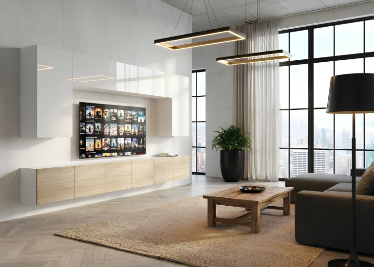 Meblościanka 300 cm TV/RTV biała połysk dębowa dąb wotan dąb sonoma Producent IMP 2/5/W/WDS/0/0