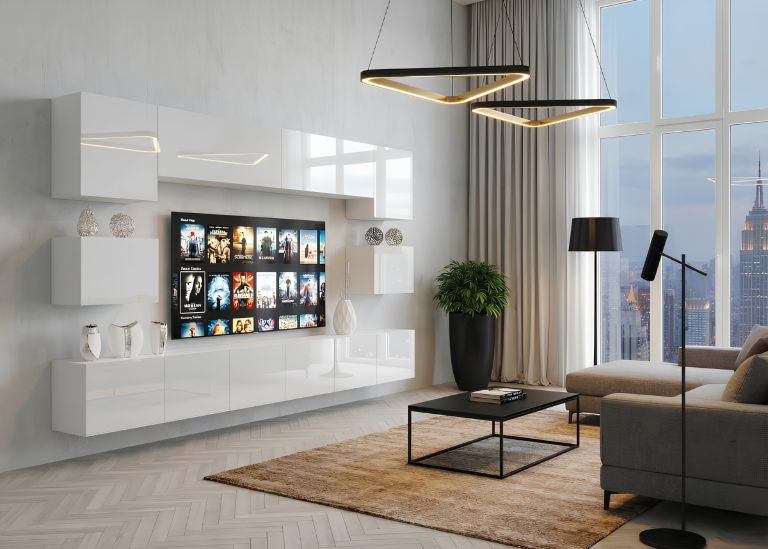 Meblościanka 300 cm TV/RTV biała połysk Producent IMP 3/5/W/W/0/0