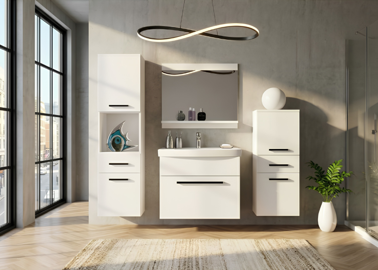 Meble łazienkowe szafki z umywalką z lustrem białe mat Producent ROD M 5/0/W/W/0/ZW
