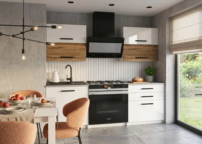 Meble kuchenne 120 cm białe połysk dębowe dąb wotan dąb sonoma z blatem Producent INF ELEGANTA2/2/WT/WDWW/0/B1