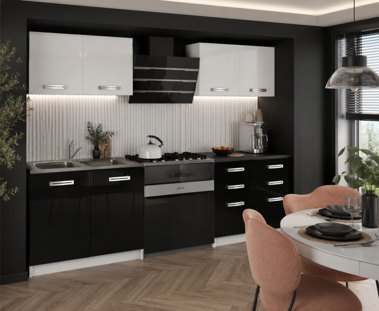 Meble kuchenne 160 cm białe połysk czarne połysk z blatem Producent INF KOMPAKTO/3/WT/WB/0/D