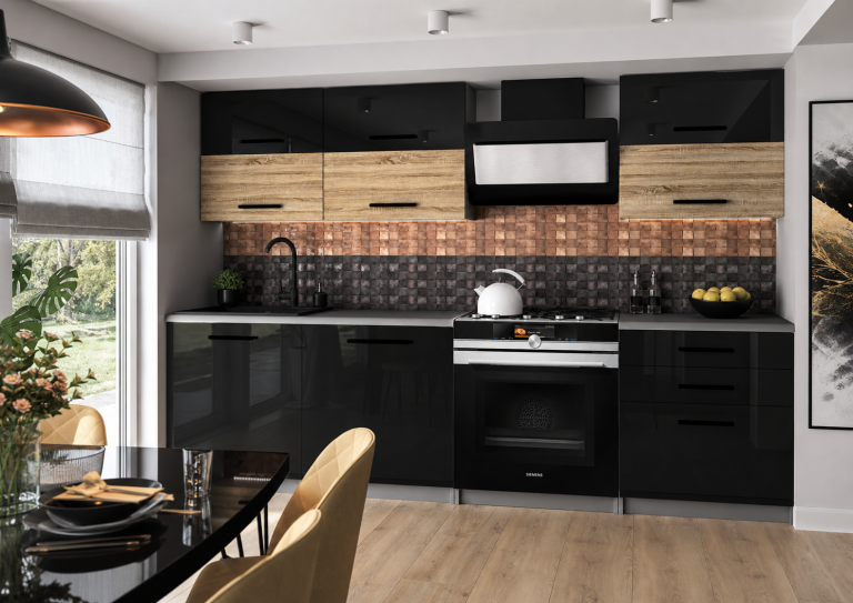 Meble kuchenne 180 cm czarne połysk dębowe dąb wotan dąb sonoma z blatem Producent INF PRIMERA2/2/WT/BDSB/0/B1