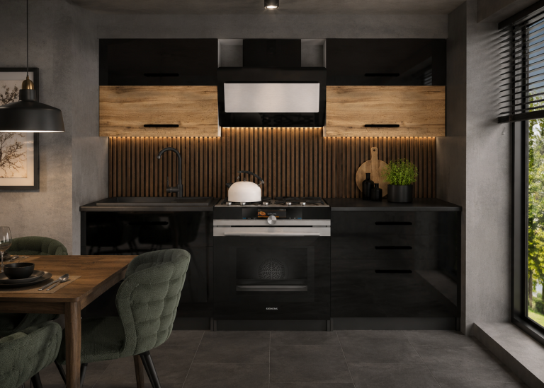 Meble kuchenne 120 cm czarne połysk dębowe dąb wotan dąb sonoma z blatem Producent INF ELEGANTA2/2/WT/BDWB/0/B1