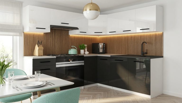 Meble kuchenne 360 cm białe połysk czarne połysk z blatem Producent INF LIDIAUNIQA2/4/WT/WB/0/B1