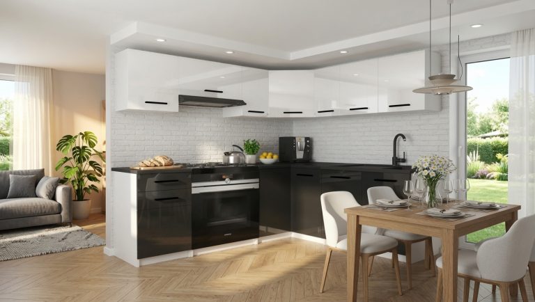 Meble kuchenne 360 cm białe połysk czarne połysk z blatem Producent INF LIDIAUNIQA2/4/WT/WB/0/B1