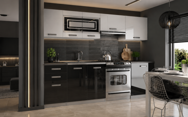 Meble kuchenne 240 cm białe połysk czarne połysk z blatem Producent INF MARIKA/4/WT/WB/0/F