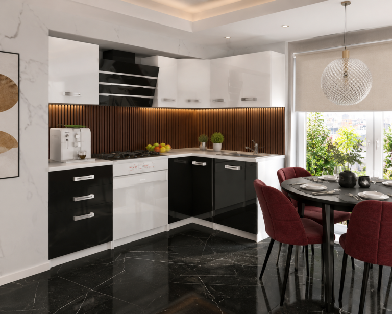 Meble kuchenne 300 cm białe połysk czarne połysk z blatem Producent INF JOWISZ/2/WT/WB/0/D