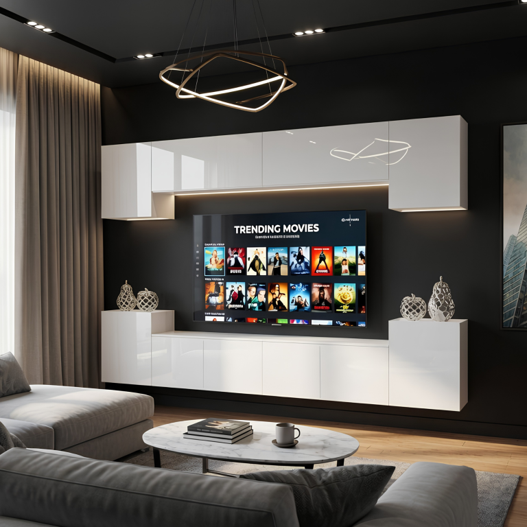 Meblościanka 300 cm TV/RTV biała połysk Wyprzedaż CHICAGO 4/5/W/W/0/0