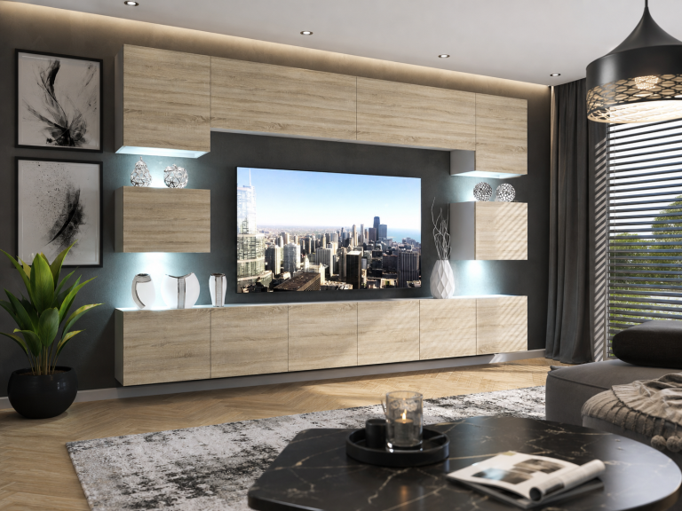 Meblościanka 300 cm TV/RTV dębowa dąb wotan dąb sonoma Producent IMP PRIMO 3/5/W/DS/0/0