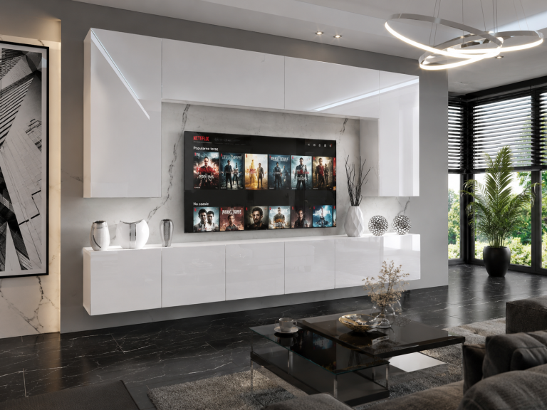 Meblościanka 300 cm TV/RTV biała połysk Producent IMP 2/5/W/W/0/0