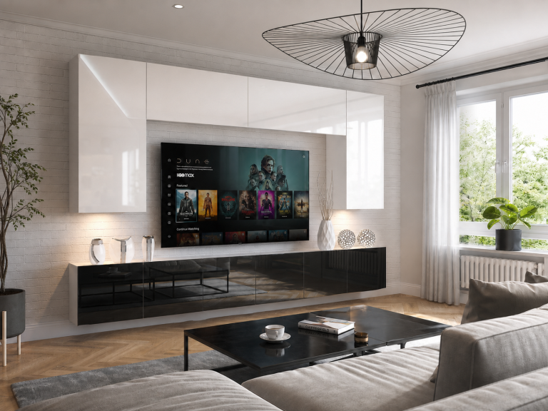 Meblościanka 300 cm TV/RTV biała połysk czarna połysk Producent IMP 2/5/W/WB/0/0