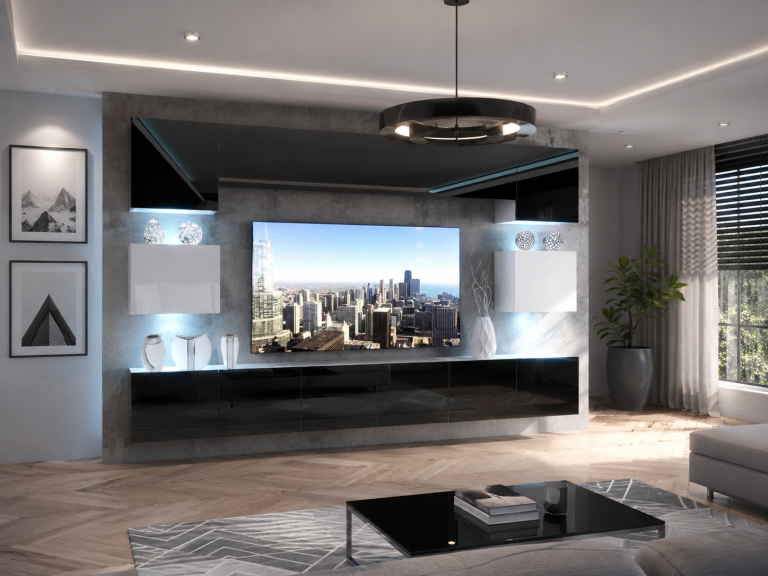 Meblościanka 300 cm TV/RTV czarny połysk biały połysk Producent IMP 3/5/W/BWB/0/0