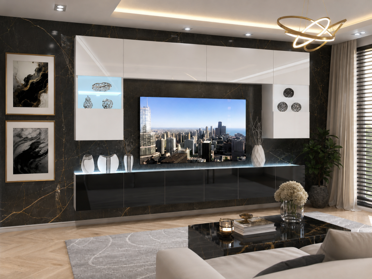Meblościanka 300 cm TV/RTV biała połysk czarna połysk Producent IMP 1/5/W/WB/0/0