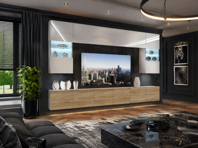 Meblościanka 300 cm TV/RTV biała połysk dębowa dąb wotan dąb sonoma Producent IMP 1/5/W/WDS/0/0