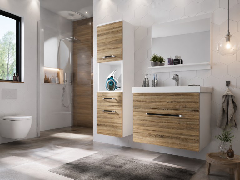 Meble łazienkowe szafki z umywalką z lustrem dębowe dąb wotan dąb sonoma Producent ROD M 3/0/W/DS/0/ZW