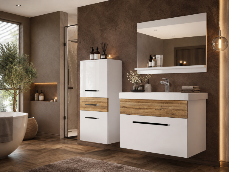 Meble łazienkowe szafki z umywalką z lustrem białe połysk dębowe dąb wotan dąb sonoma Producent ROD PM 2/0/W/WDW/0/ZW