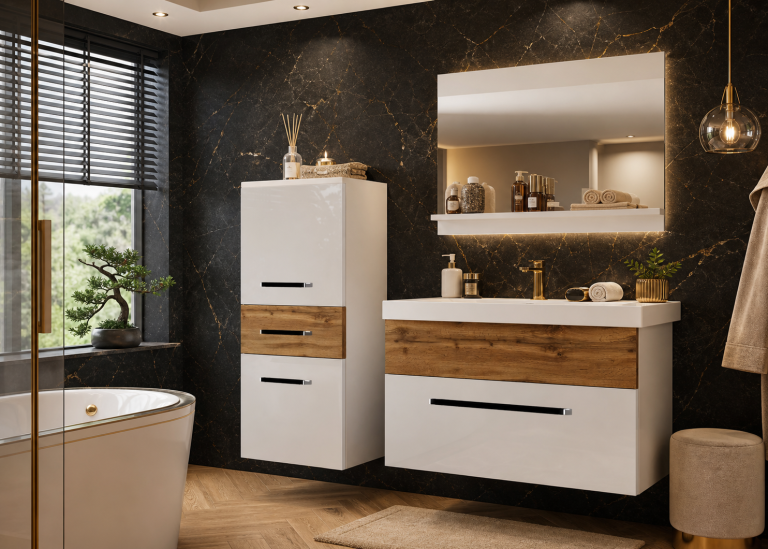Meble łazienkowe szafki z umywalką z lustrem białe połysk dębowe dąb wotan dąb sonoma Producent ROD PM 2/0/W/WDW/0/ZW