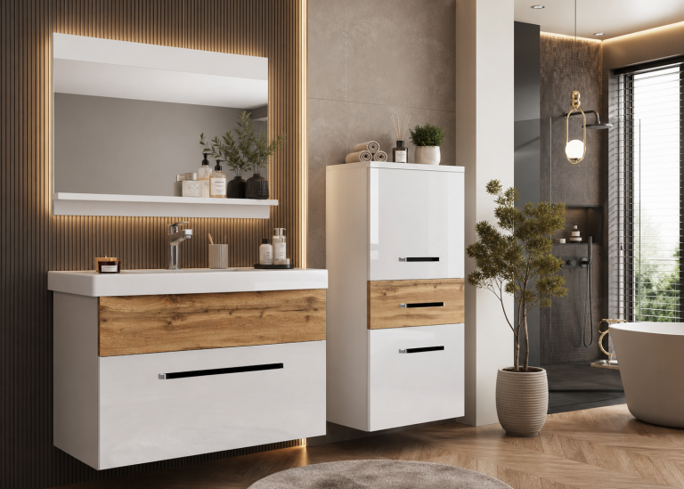 Meble łazienkowe szafki z umywalką z lustrem białe połysk dębowe dąb wotan dąb sonoma Producent ROD PM 2/0/W/WDW/0/ZW