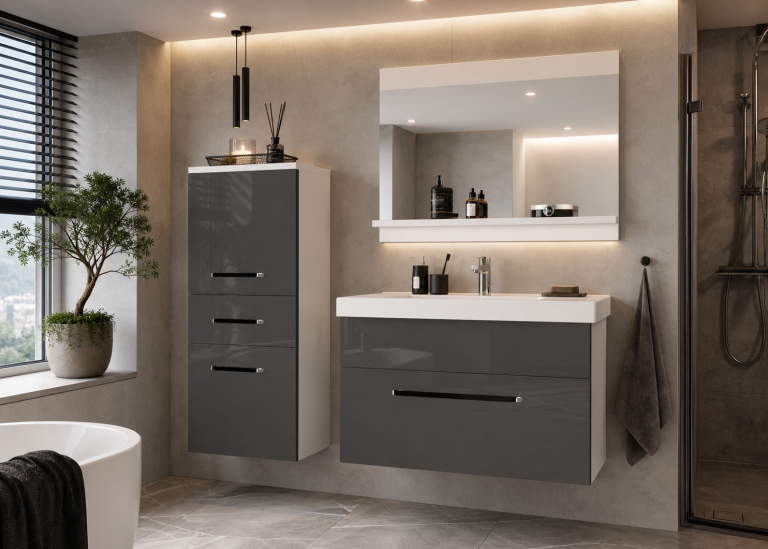 Meble łazienkowe szafki z umywalką z lustrem szare połysk Producent ROD P 2/0/W/S/0/ZW