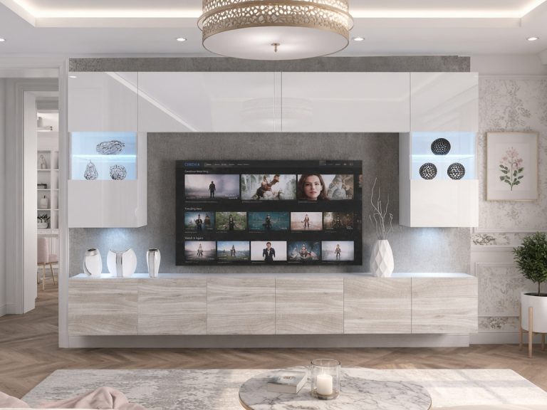 Meblościanka 300 cm TV/RTV biała połysk szary antracyt grafitowy Producent IMP 1/5/W/WGW1/0/0