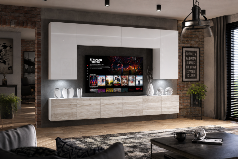 Meblościanka 300 cm TV/RTV biała połysk szary antracyt grafitowy Producent IMP 2/5/W/WGW1/0/0