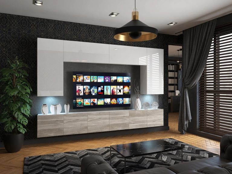 Meblościanka 300 cm TV/RTV biała połysk szary antracyt grafitowy Producent IMP 2/5/W/WGW1/0/0