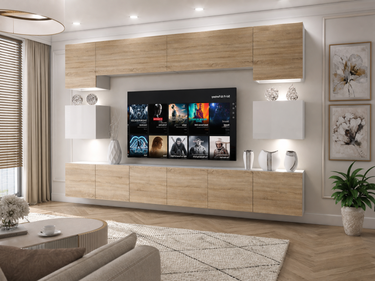 Meblościanka 300 cm TV/RTV dębowa dąb wotan dąb sonoma biała połysk Producent IMP 3/5/W/DSWDS/0/0