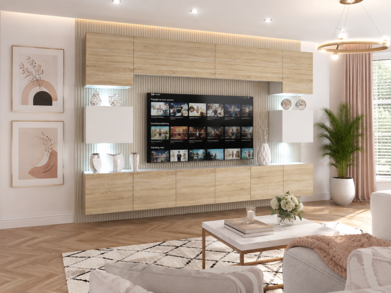 Meblościanka 300 cm TV/RTV dębowa dąb wotan dąb sonoma biała połysk Producent IMP 3/5/W/DSWDS/0/0
