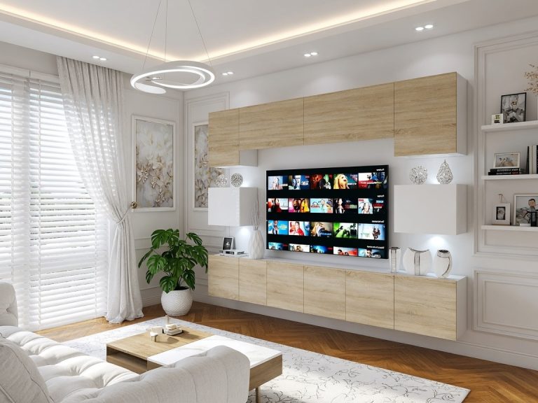 Meblościanka 300 cm TV/RTV dębowa dąb wotan dąb sonoma biała połysk Producent IMP 3/5/W/DSWDS/0/0