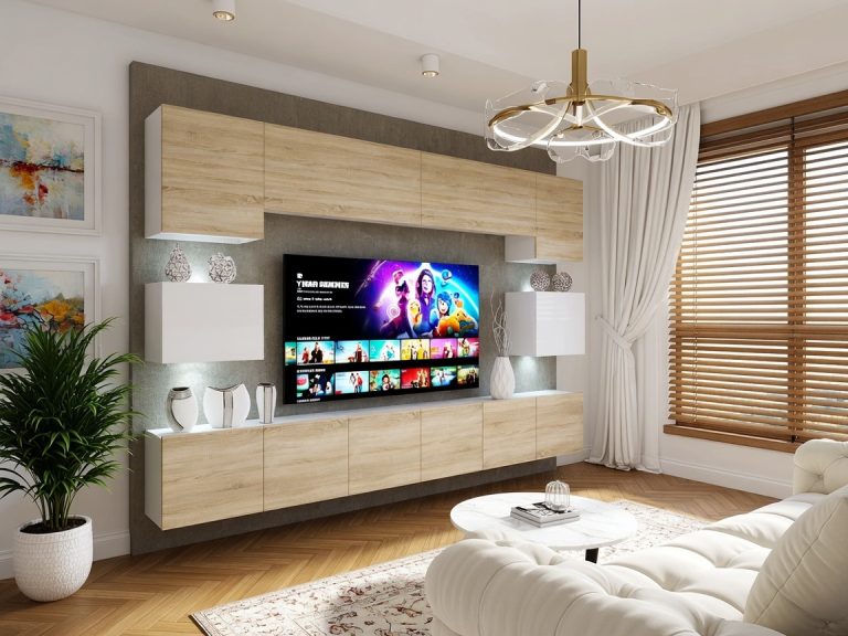 Meblościanka 300 cm TV/RTV dębowa dąb wotan dąb sonoma biała połysk Producent IMP 3/5/W/DSWDS/0/0