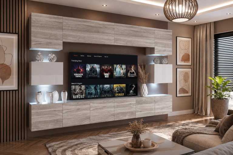 Meblościanka 300 cm TV/RTV biała połysk szary antracyt grafitowy Producent IMP 3/5/W/GW1WGW1/0/0