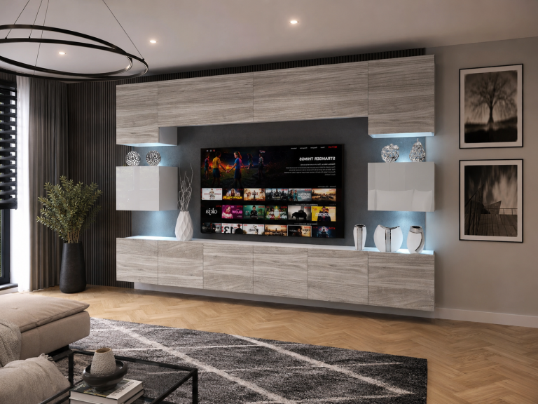 Meblościanka 300 cm TV/RTV biała połysk szary antracyt grafitowy Producent IMP 3/5/W/GW1WGW1/0/0