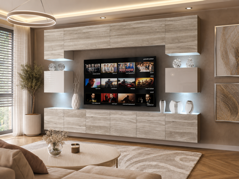 Meblościanka 300 cm TV/RTV biała połysk szary antracyt grafitowy Producent IMP 3/5/W/GW1WGW1/0/0