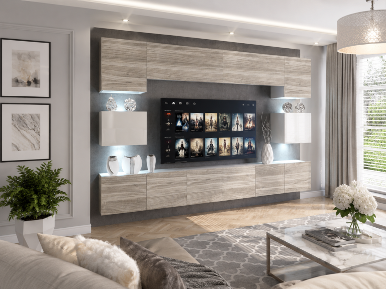 Meblościanka 300 cm TV/RTV biała połysk szary antracyt grafitowy Producent IMP 3/5/W/GW1WGW1/0/0
