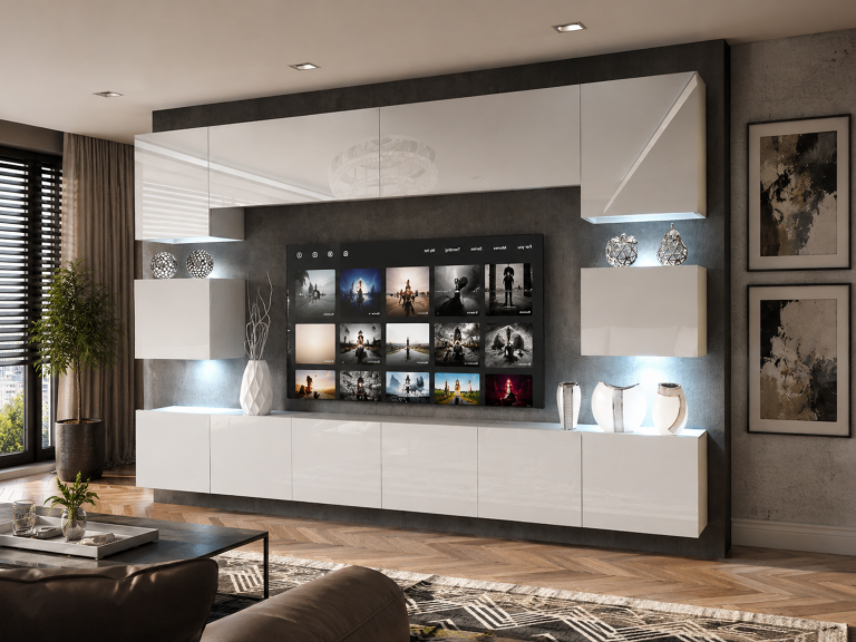 Meblościanka 300 cm TV/RTV biała połysk Producent IMP 3/5/W/W/0/0