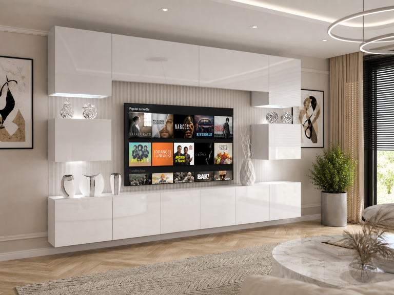 Meblościanka 300 cm TV/RTV biała połysk Producent IMP 3/5/W/W/0/0