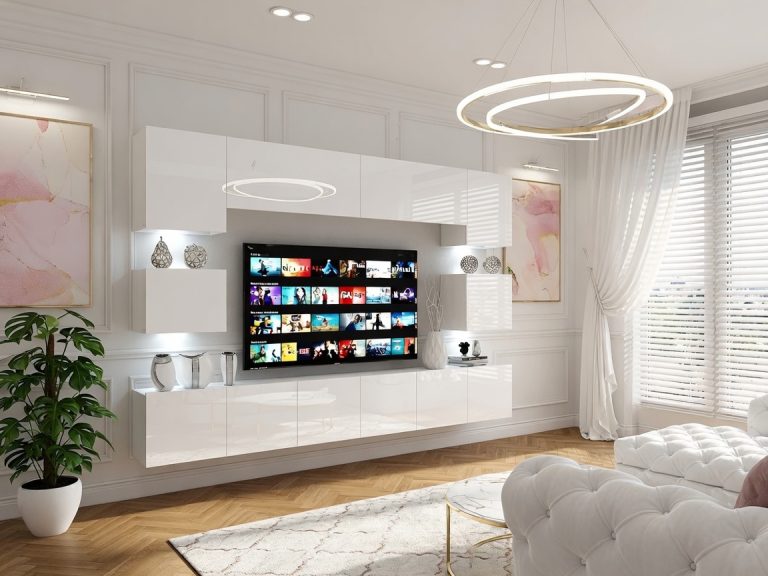 Meblościanka 300 cm TV/RTV biała połysk Producent IMP 3/5/W/W/0/0