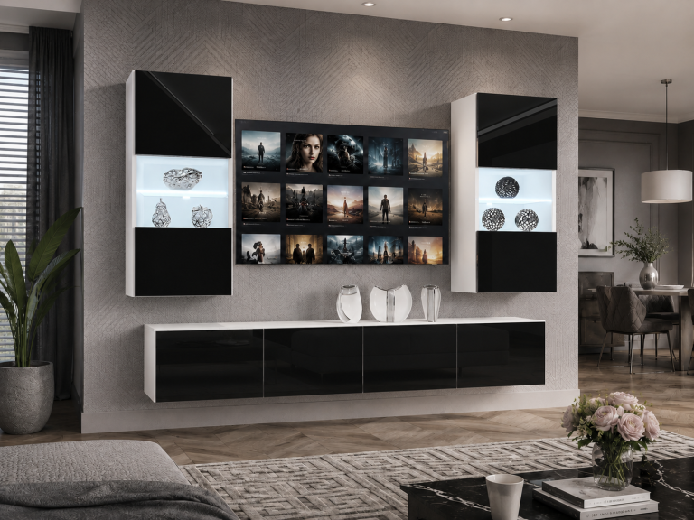Meblościanka 200 cm TV/RTV czarna połysk Producent IMP 7/5/W/B/0/0