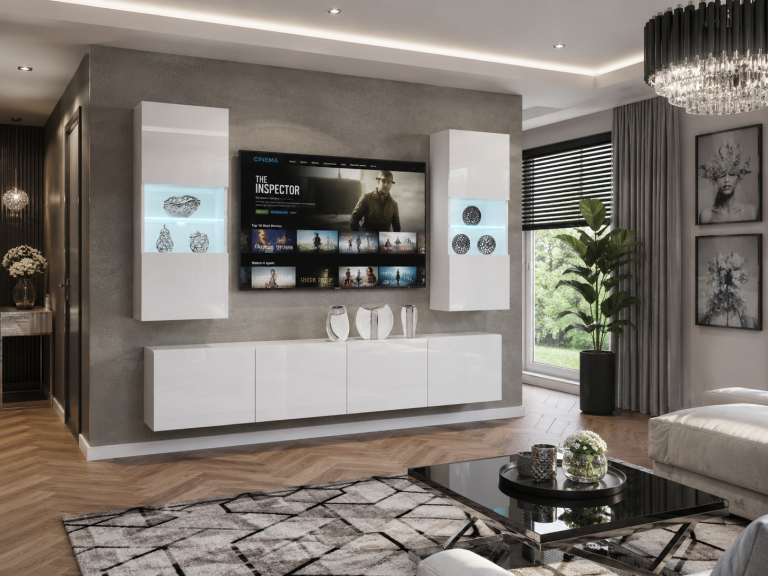 Meblościanka 200 cm TV/RTV biała połysk Producent IMP 7/5/W/W/0/0