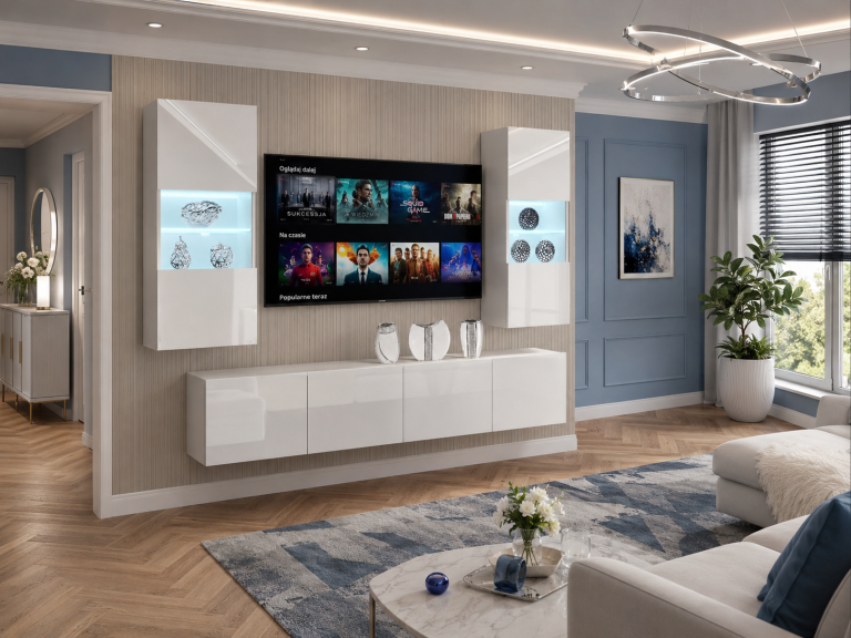 Meblościanka 200 cm TV/RTV biała połysk Producent IMP 7/5/W/W/0/0