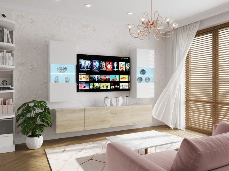 Meblościanka 200 cm TV/RTV biała połysk dębowa dąb wotan dąb sonoma Producent IMP 7/5/W/WDS/0/0