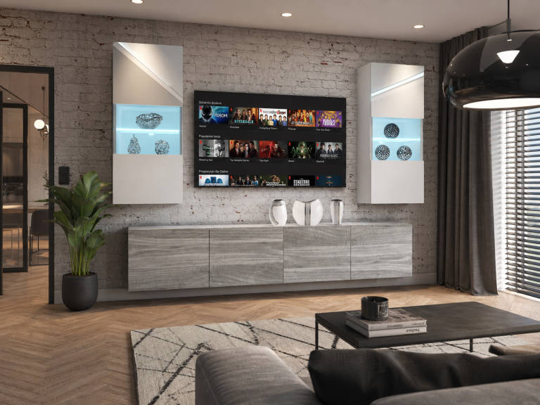 Meblościanka 200 cm TV/RTV biała połysk szara antracyt grafitowa Producent IMP 7/5/W/WGW1/0/0
