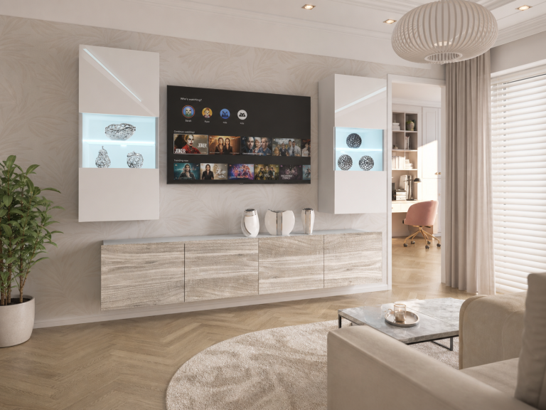 Meblościanka 200 cm TV/RTV biała połysk szara antracyt grafitowa Producent IMP 7/5/W/WGW1/0/0