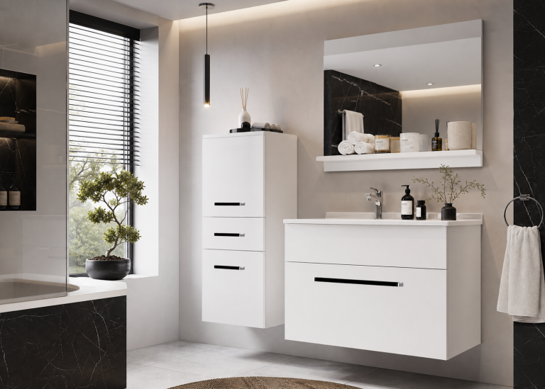 Meble łazienkowe szafki z umywalką z lustrem białe mat Producent ROD M 2/0/W/W/0/ZW