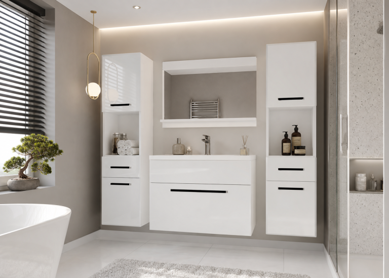 Meble łazienkowe szafki z umywalką z lustrem białe połysk Producent ROD P 6/0/W/W/0/ZW